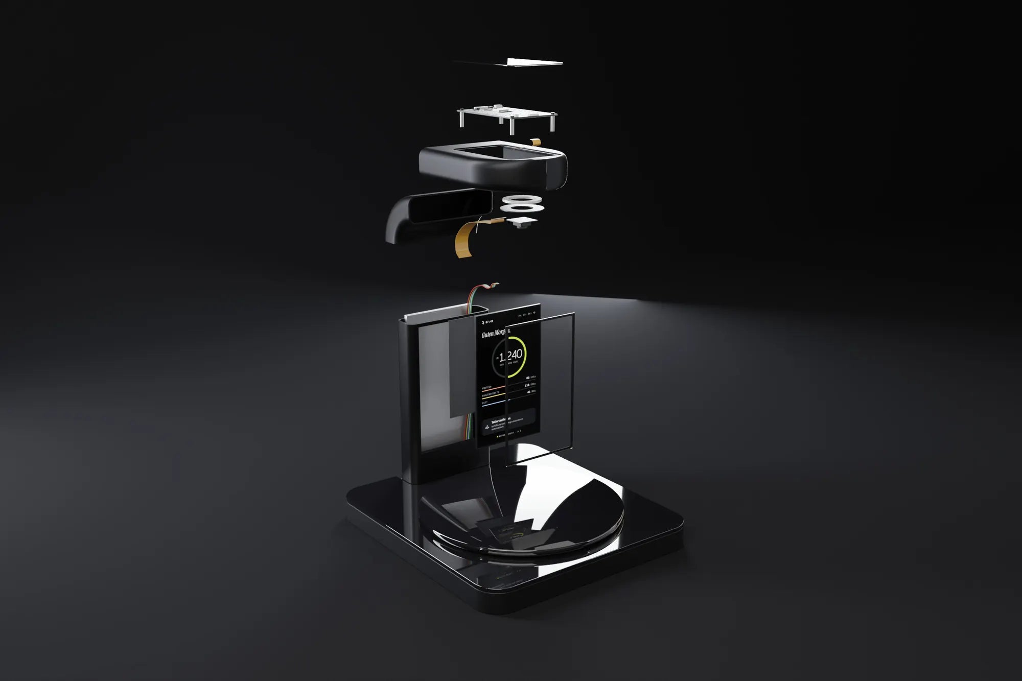 Explosionsansicht von NUVRA: Kopf mit Kamera und LED-Ring, Bogen, Säule mit Display, Glasplattform und Glasbasis – 3D-Visualisierung